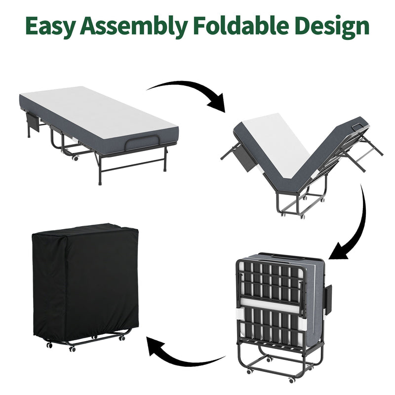 Twin Folding Bed With Memory Foam Mattress, On Wheels, Portable Bed For Adults & Guests - Black