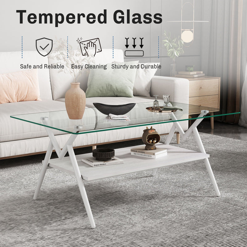Rectangle Coffee Table With Tempered Glass Top And Shelf