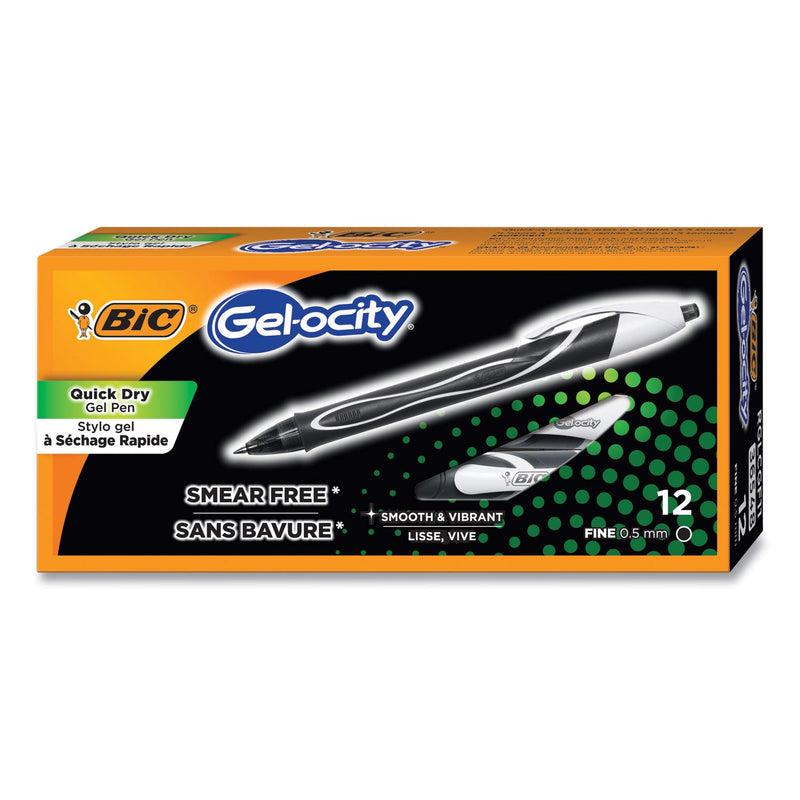 BIC Gel-ocity Quick Dry Gel Pen, Retractable, Fine 0.5 mm, Black Ink, Black Barrel, Dozen