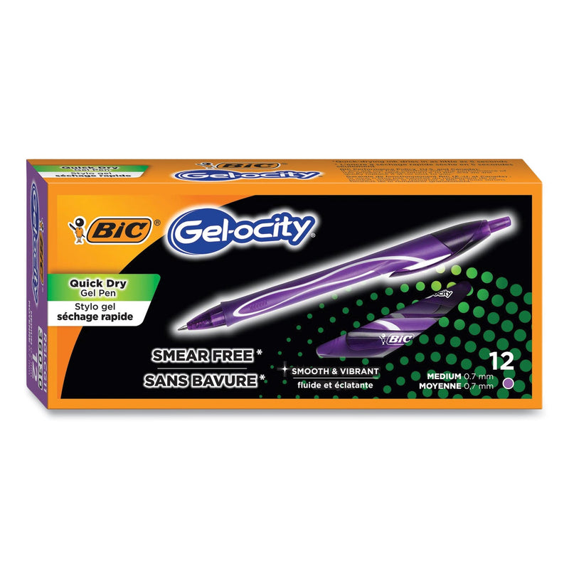 BIC Gel-ocity Quick Dry Gel Pen, Retractable, Medium 0.7 mm, Purple Ink, Purple Barrel, Dozen
