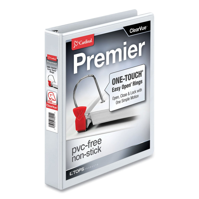 Cardinal Premier Easy Open ClearVue Locking Slant-D Ring Binder, 3 Rings, 1" Capacity, 11 x 8.5, White