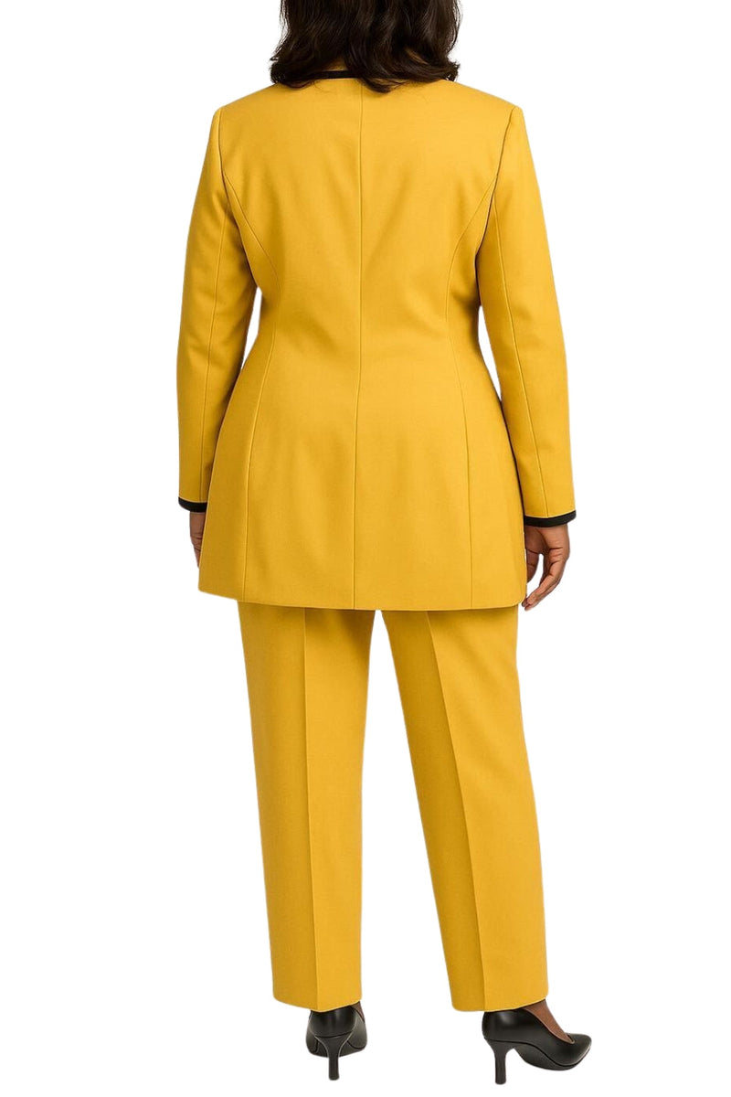 John Meyer Collection Mustard Pointed Contrast Trim Neckline Chest Hip Pockets Long Sleeves Blazer Straight-Leg Trousers Pantsuits