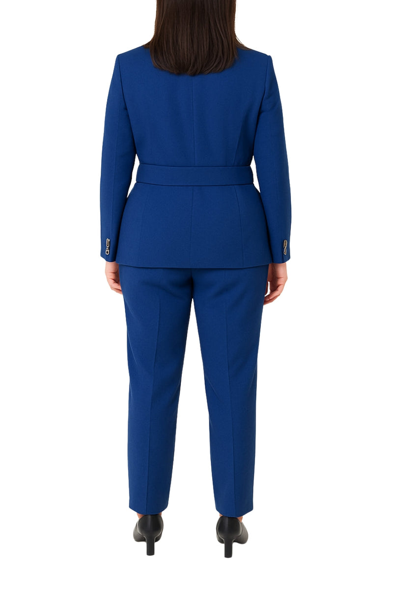 John Meyer Collection Notched Lapel Collar Belted Blazer Suit Straight Slim Trousers Blue Tailored Pantsuits