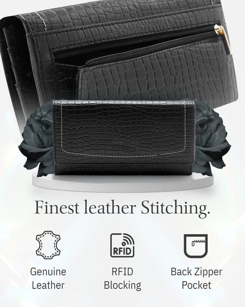 Genuine Leather Accordion Clutch Wallet – Zip Coin Pocket, RFID Blocking
