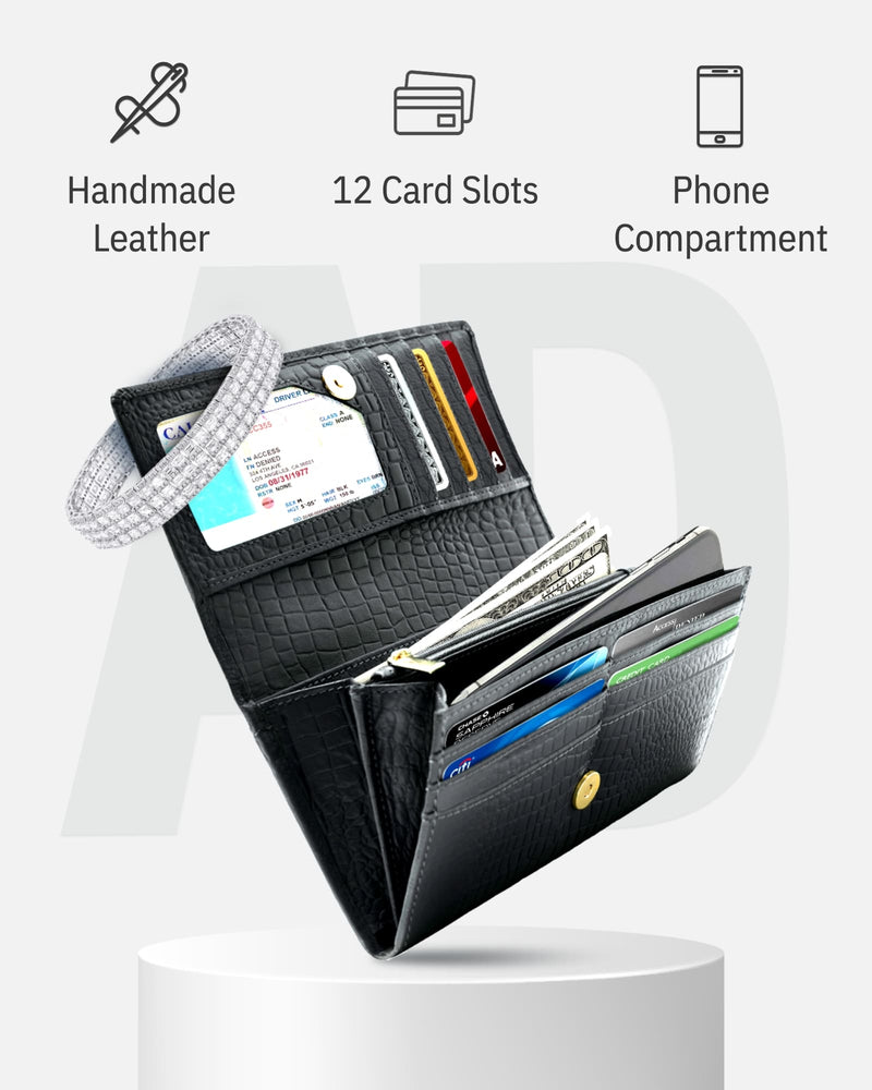 Genuine Leather Accordion Clutch Wallet – Zip Coin Pocket, RFID Blocking