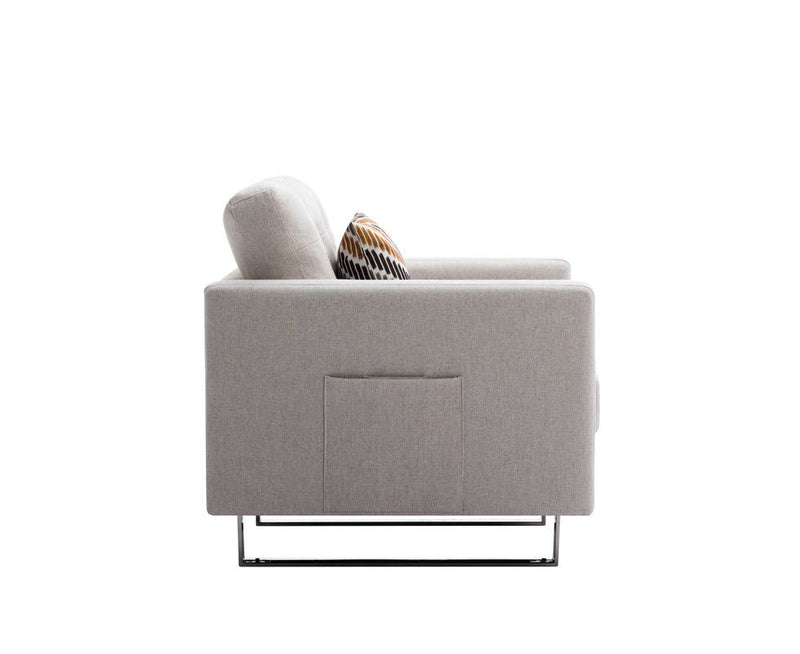 Victoria - Fabric Armchair With Metal Legs, Side Pockets, And Pillow