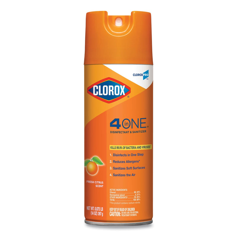 Clorox 4-in-One Disinfectant and Sanitizer, Citrus, 14 oz Aerosol Spray, 12/Carton