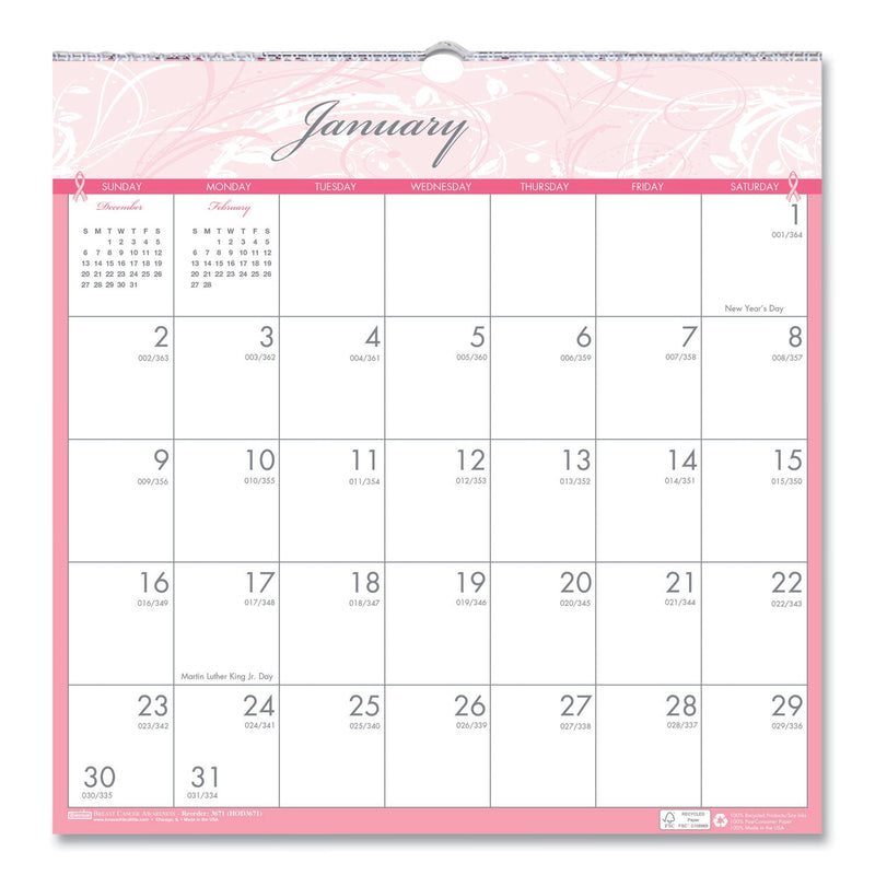 House of Doolittle Recycled Monthly Wall Calendar, Breast Cancer Awareness Artwork, 12 x 12, White/Pink/Gray Sheets, 12-Month (Jan-Dec): 2023
