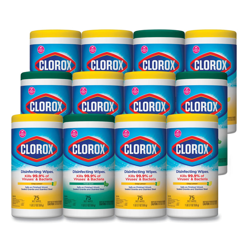 Clorox Disinfecting Wipes, 7 x 8, Fresh Scent/Citrus Blend, 75/Canister, 3/Pack, 4 Packs/Carton