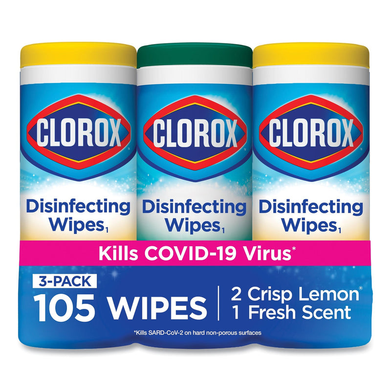 Clorox Disinfecting Wipes, 7 x 8, Fresh Scent/Citrus Blend, 35/Canister, 3/Pack