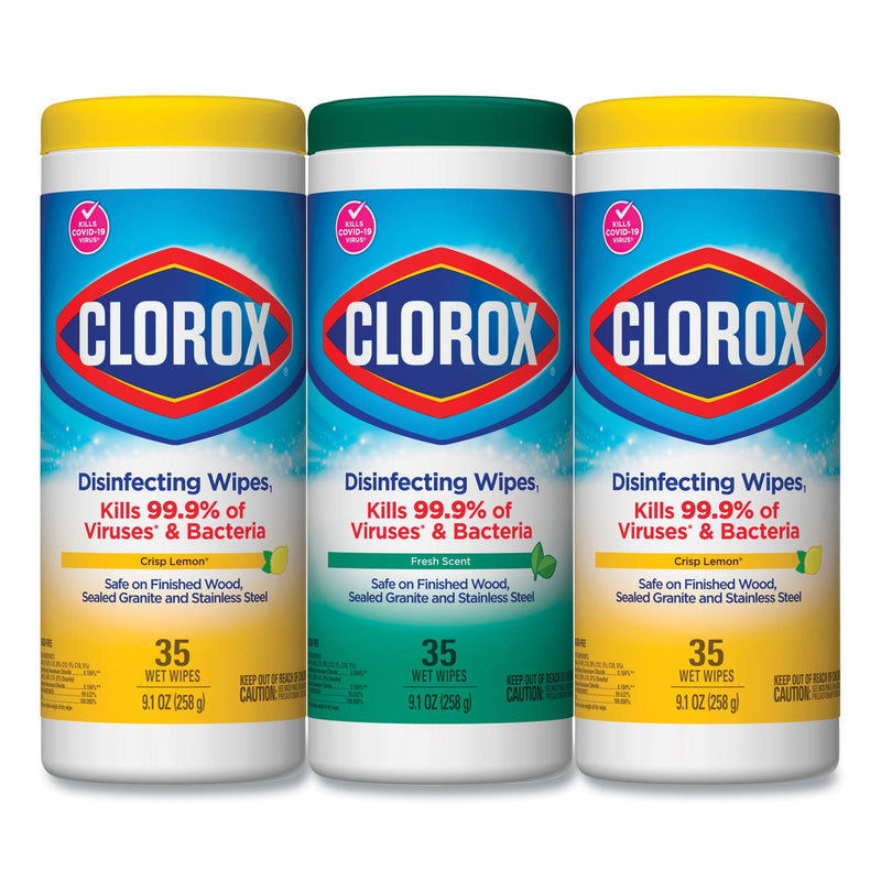 Clorox Disinfecting Wipes, 7 x 8, Fresh Scent/Citrus Blend, 35/Canister, 3/Pack