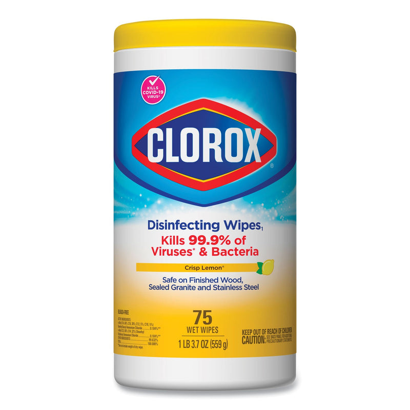 Clorox Disinfecting Wipes, 7 x 7.75, Crisp Lemon, 75/Canister, 6 Canisters/Carton
