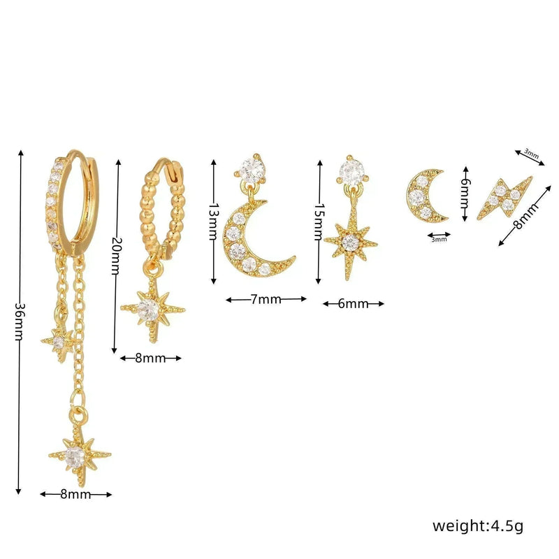Stacking 6 Pieces Charming Starflower Links Earring Set, 18k Gold Hoop with Drops, S925 Needle, Stacked Lobe Designs with Dazzling Zirconia