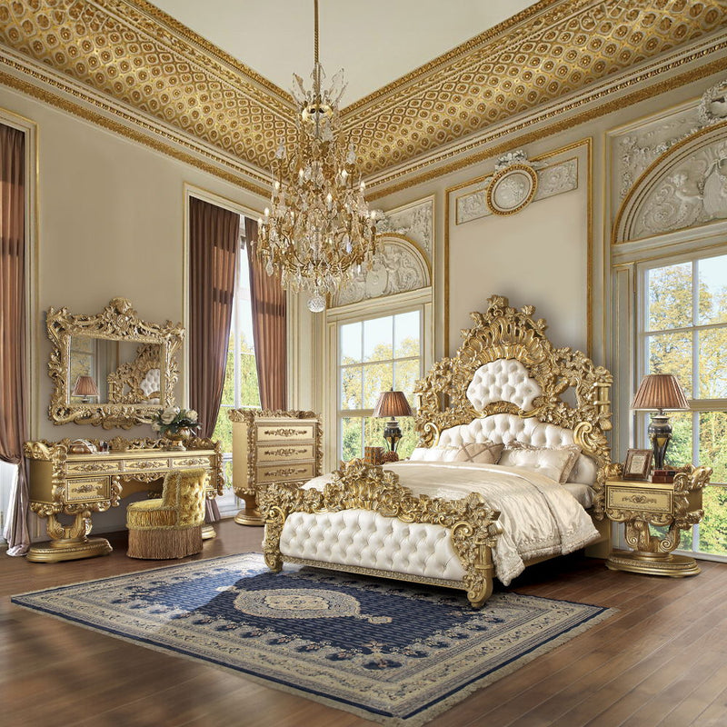 Bernadette - Eastern King Bed - White Synthetic Leather Fabric & Gold