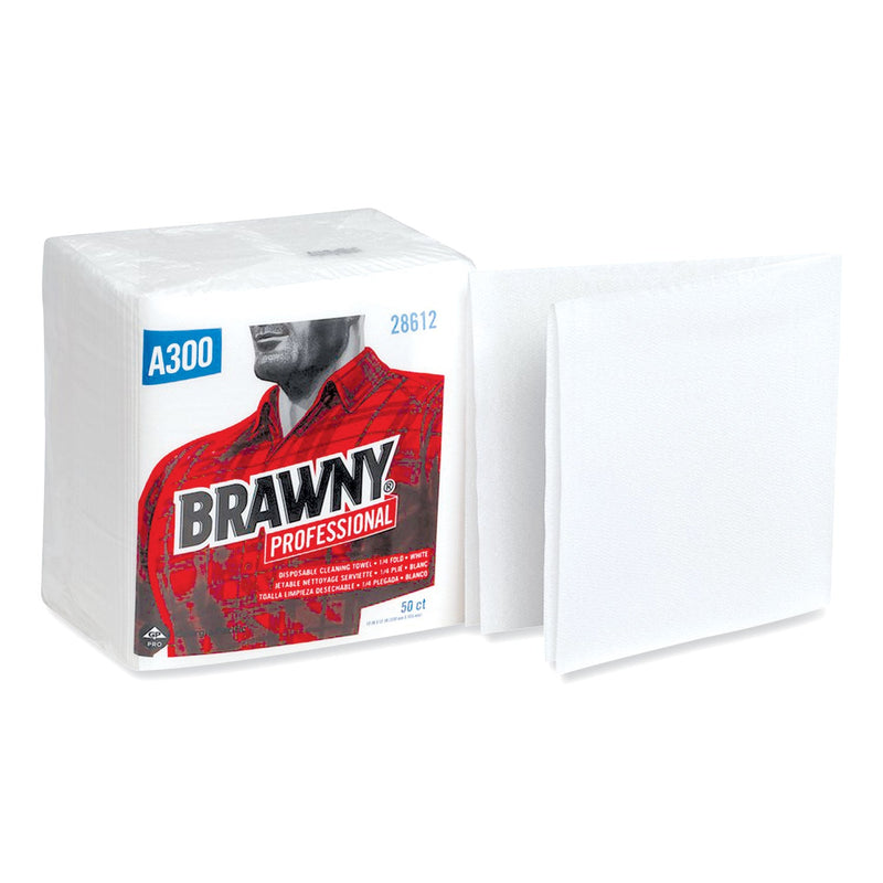 Brawny Professional Cleaning Towels, 1-Ply, 12 x 13, White, 50/Pack, 12 Packs/Carton