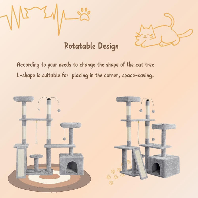 Ultimate 53.5-Inch Rotatable Cat Tree: Multi-Level Playground for Kittens and Large Cats with Cozy Condo and Scratching Posts in Light Gray