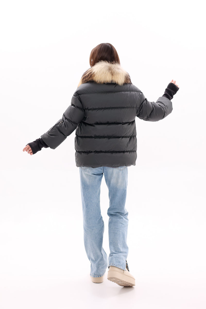 Genuine Fur Trim Down Fill Coat in Black