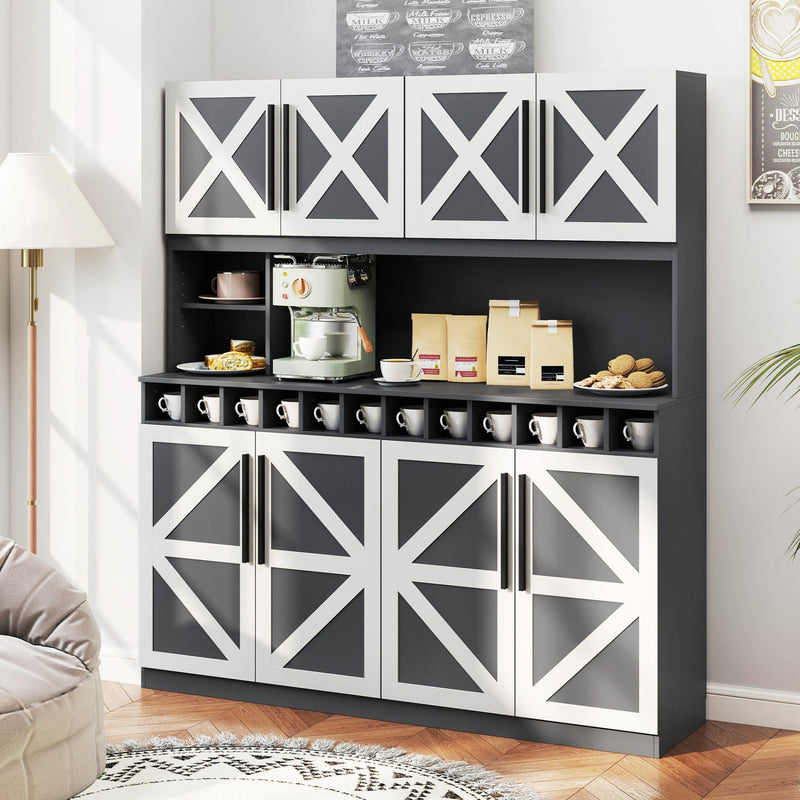 70 Inch Farmhouse Pantry Cabinet Kitchen Buffet Hutch with 4 Cabinets and 2 Open Shelves