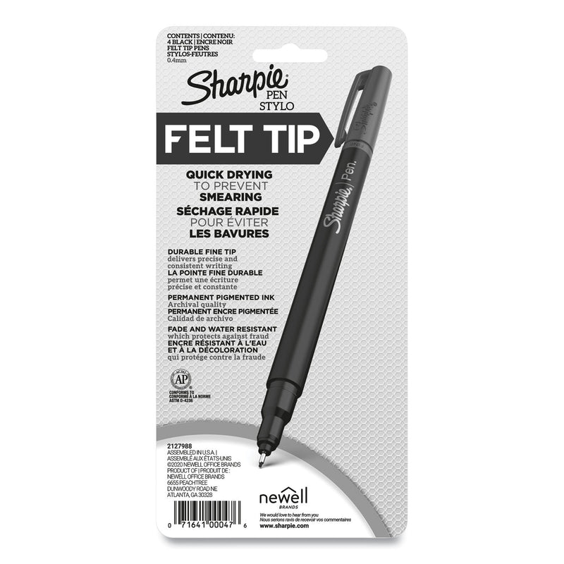 Sharpie Water-Resistant Ink Porous Point Pen, Stick, Fine 0.4 mm, Black Ink, Black/Gray Barrel, 4/Pack