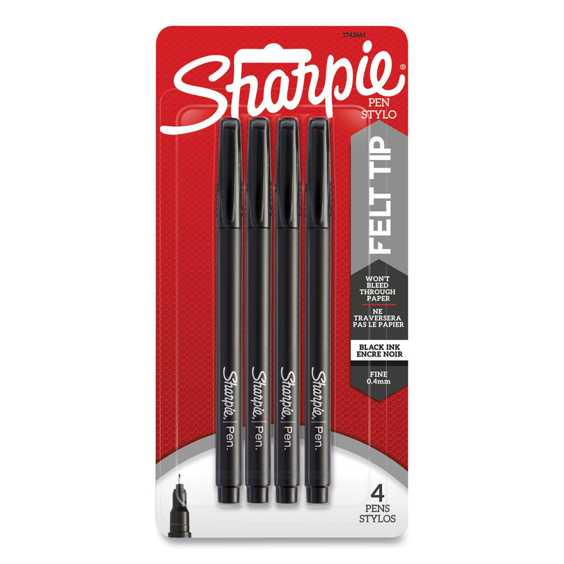Sharpie Water-Resistant Ink Porous Point Pen, Stick, Fine 0.4 mm, Black Ink, Black/Gray Barrel, 4/Pack