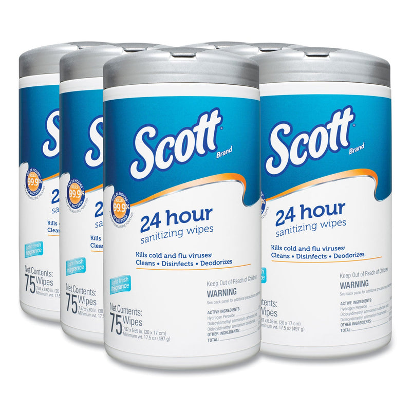 Scott 24-Hour Sanitizing Wipes, 4.5 x 8.25, Fresh, White, 75/Canister, 6 Canisters/Carton