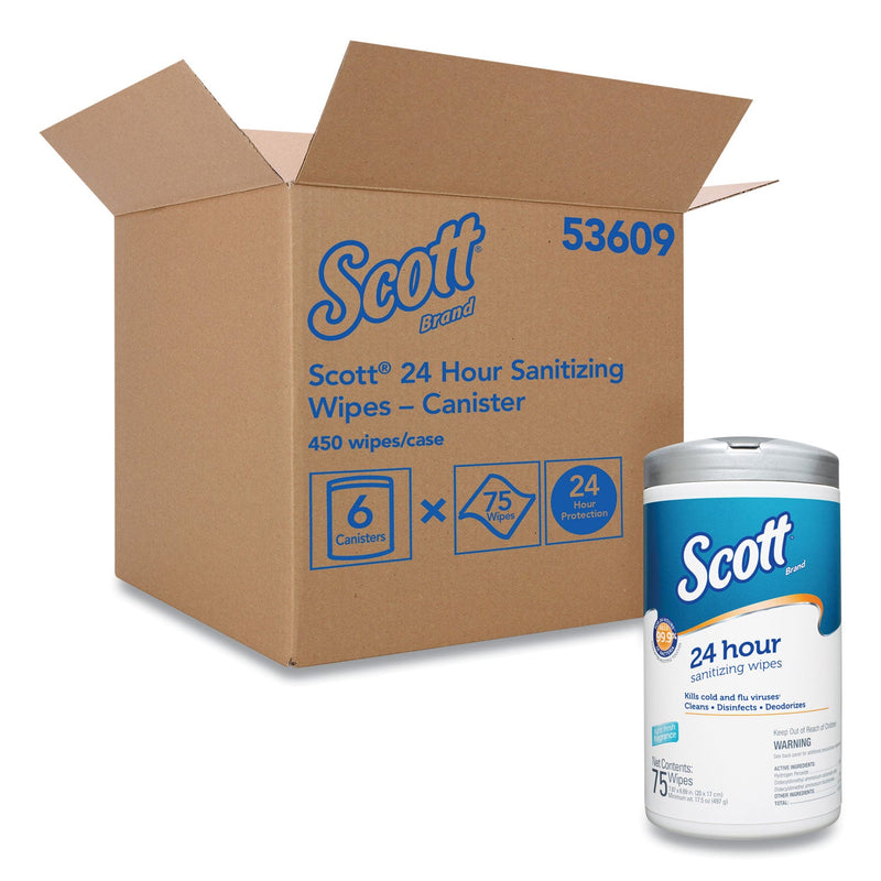 Scott 24-Hour Sanitizing Wipes, 4.5 x 8.25, Fresh, White, 75/Canister, 6 Canisters/Carton
