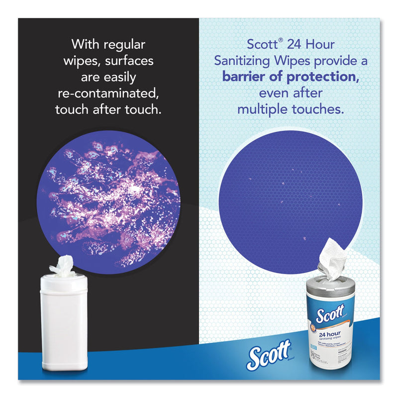 Scott 24-Hour Sanitizing Wipes, 4.5 x 8.25, Fresh, White, 75/Canister, 6 Canisters/Carton