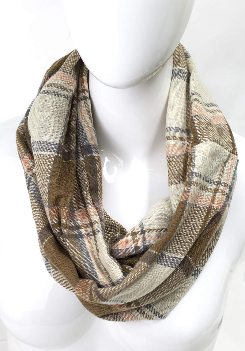stylesilove Winter Plaid Infinity Scarf with Hidden Zipper Pocket Fashion Travel Scarf for Women and Men
