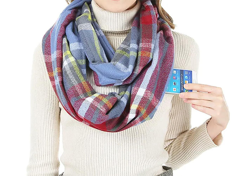stylesilove Winter Plaid Infinity Scarf with Hidden Zipper Pocket Fashion Travel Scarf for Women and Men
