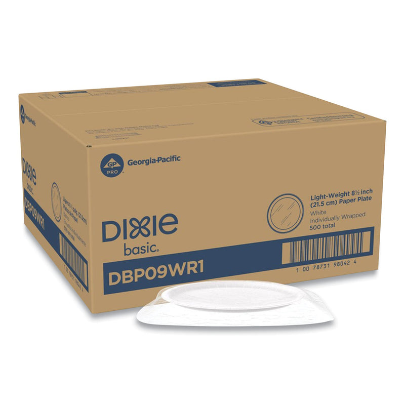 Dixie White Paper Plates, 8.5" dia, Individually Wrapped, White, 500/Carton