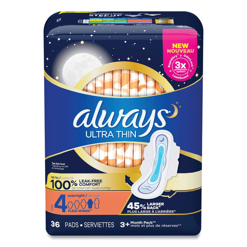 Always Ultra Thin Overnight Pads with Wings, 36/Pack, 6 Packs/Carton