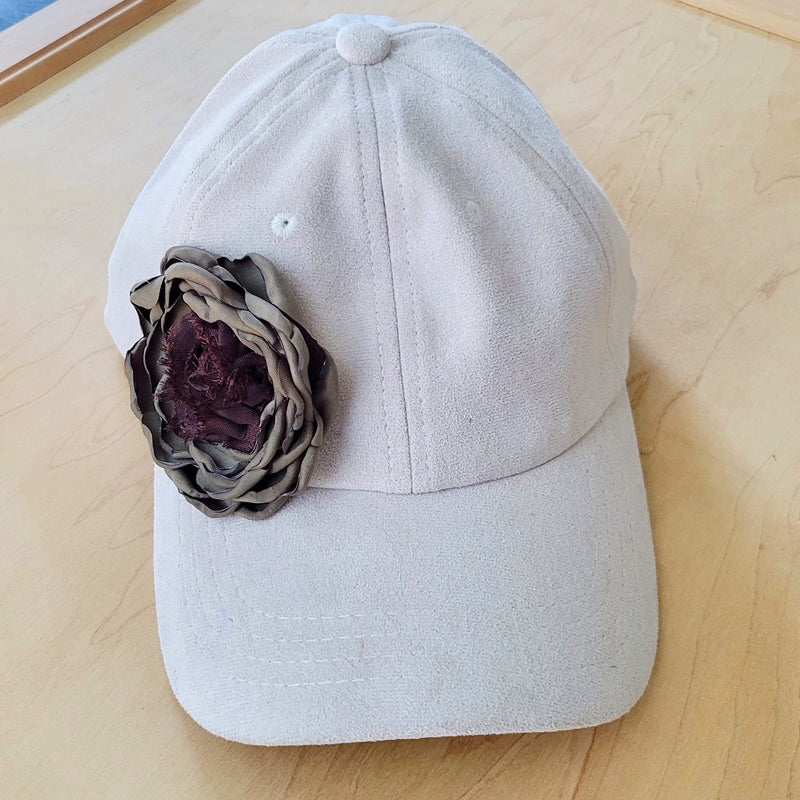 Suede Baseball Cap with Shabby Chic Silk Flowers-Ivory 986o
