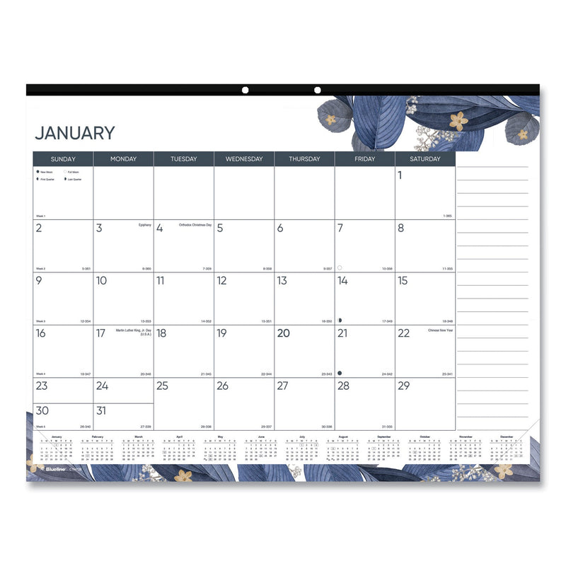 Blueline Monthly Desk Pad Calendar, Gold Detail Floral Artwork, 22 x 17, Black Binding, Clear Corners, 12-Month (Jan-Dec): 2023