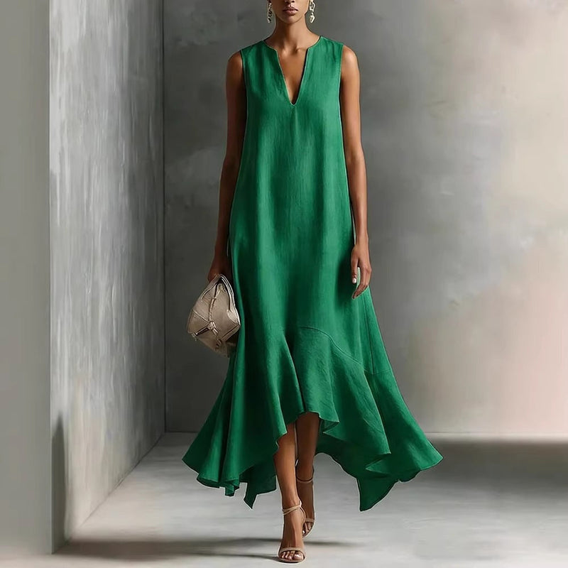 Women's Deep V-Neck Sleeveless Asymmetrical Maxi Dress – Patchwork