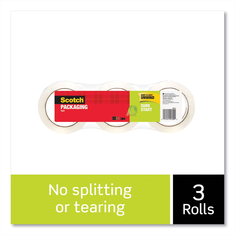 Scotch Sure Start Packaging Tape, 3" Core, 1.88" x 54.6 yds, Clear, 3/Pack