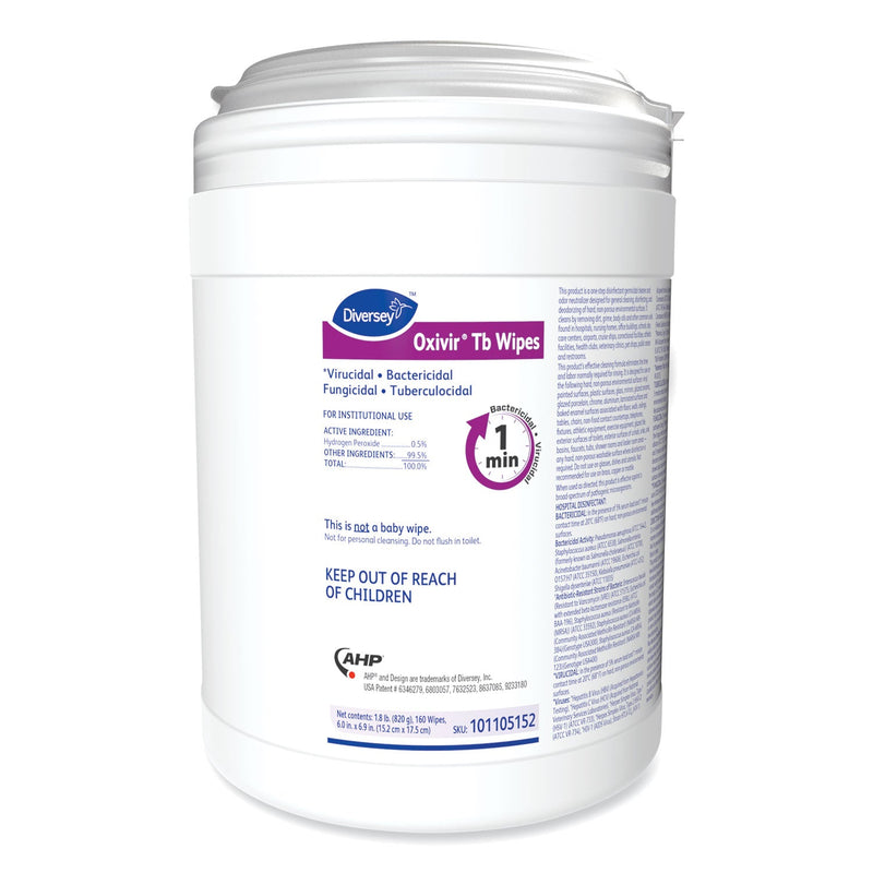 Diversey Oxivir TB Disinfectant Wipes, 6 x 6.9, Characteristic Scent, White, 160/Canister, 4 Canisters/Carton