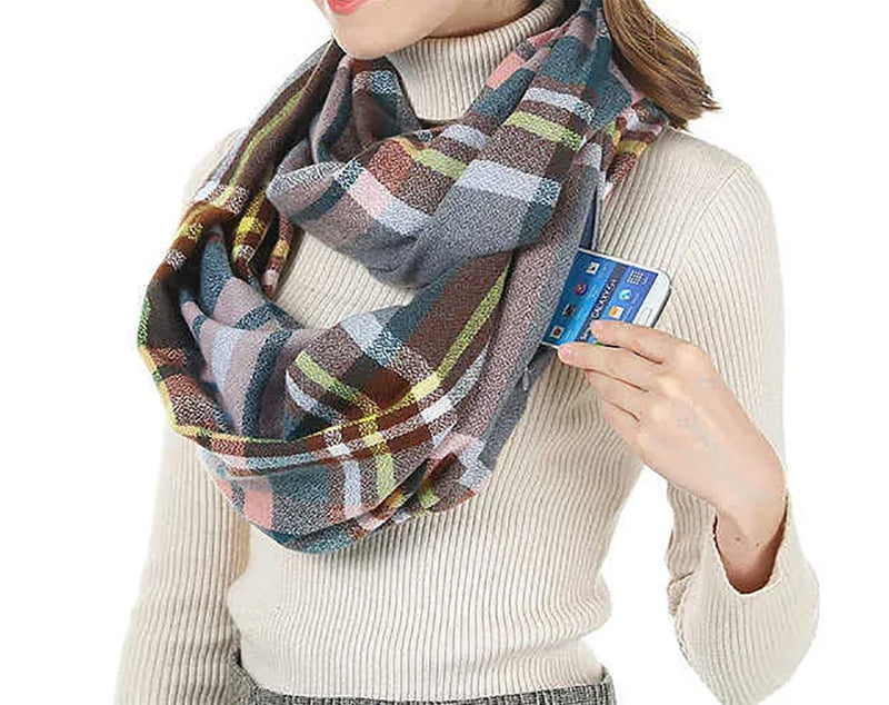 stylesilove Winter Plaid Infinity Scarf with Hidden Zipper Pocket Fashion Travel Scarf for Women and Men