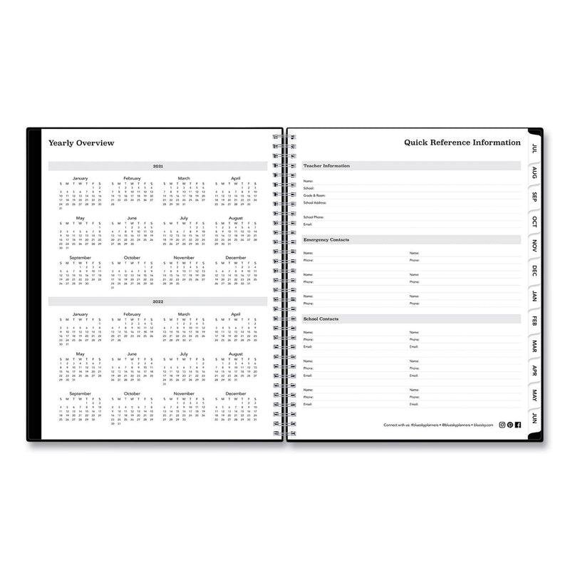 Blue Sky Solid Black Teacher's Weekly/Monthly Lesson Planner, Two-Page Spread (Nine Classes), 11 x 8.5, Black Cover, 2022 to 2023