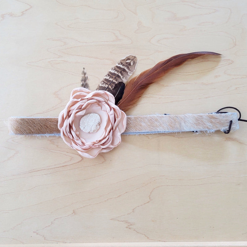 Leather Hat Band w/ Silk Flower & Feathers-Blush (Band Only) 953a