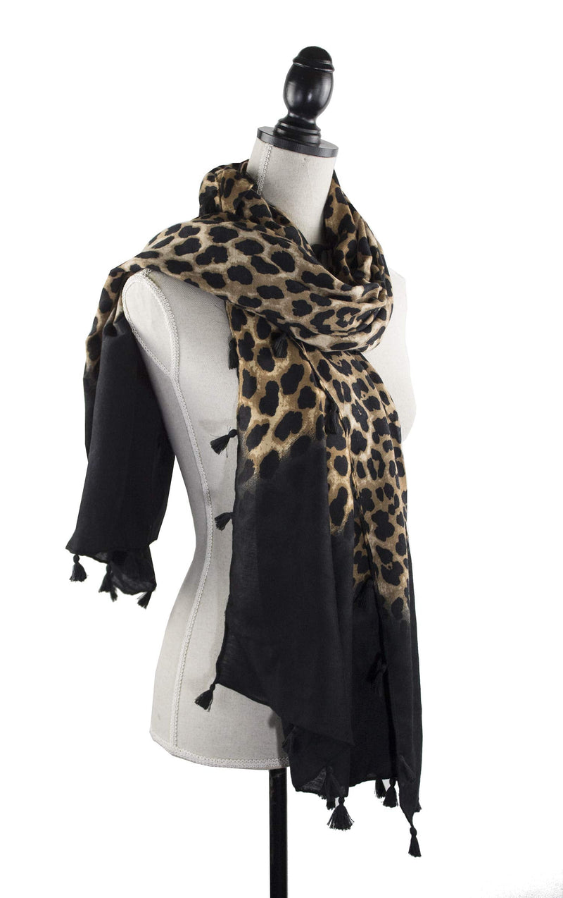 stylesilove Women Elegant Classic Leopard Print Lightweight Cotton Tassel Scarf Wrap Autumn Winter Large Shawl Scarf