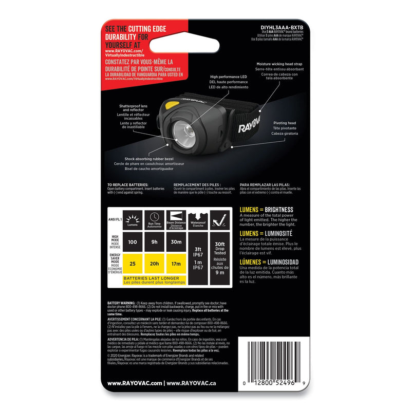Rayovac Virtually Indestructible LED Headlight, 3 AAA Batteries (Included), 30 m Projection, Black