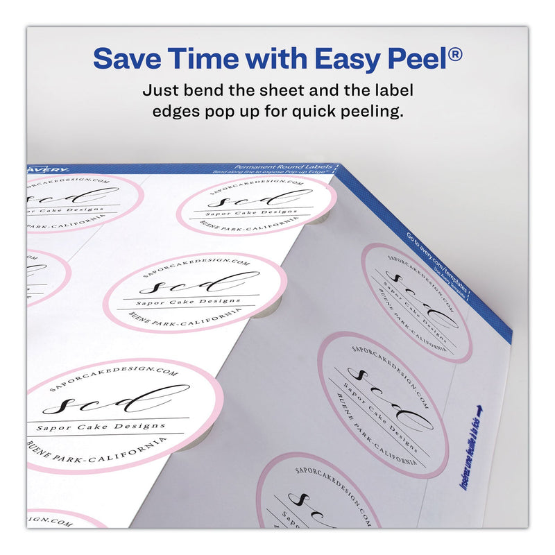 Avery Round Print-to-the Edge Labels with SureFeed, 2.5" dia, Glossy White, 90/PK