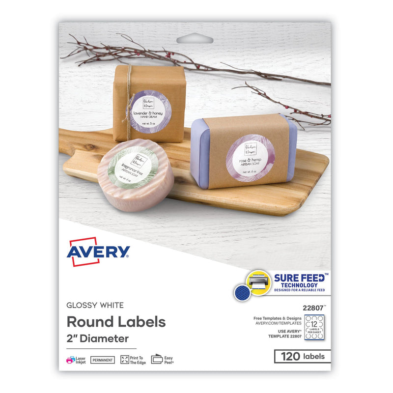 Avery Round Print-to-the Edge Labels with Sure Feed and Easy Peel, 2" dia, Glossy White, 120/PK
