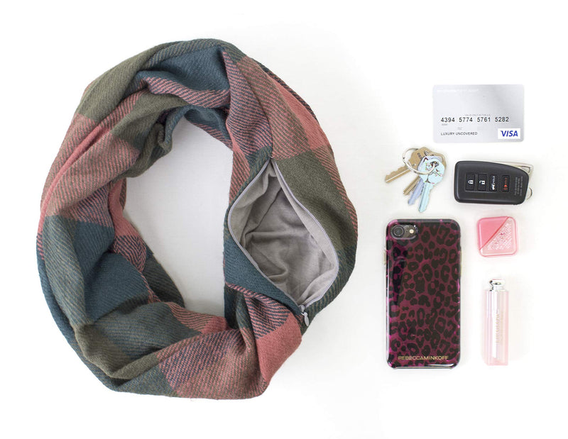 stylesilove Winter Plaid Infinity Scarf with Hidden Zipper Pocket Fashion Travel Scarf for Women and Men