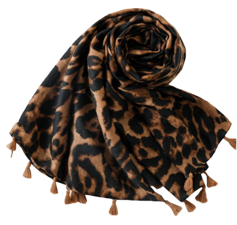 stylesilove Women Elegant Classic Leopard Print Lightweight Cotton Tassel Scarf Wrap Autumn Winter Large Shawl Scarf