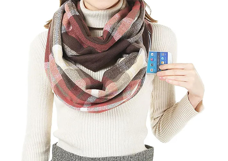 stylesilove Winter Plaid Infinity Scarf with Hidden Zipper Pocket Fashion Travel Scarf for Women and Men