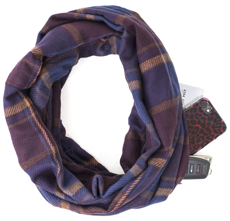 stylesilove Winter Plaid Infinity Scarf with Hidden Zipper Pocket Fashion Travel Scarf for Women and Men