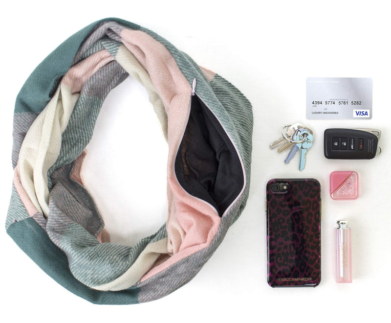 stylesilove Winter Plaid Infinity Scarf with Hidden Zipper Pocket Fashion Travel Scarf for Women and Men