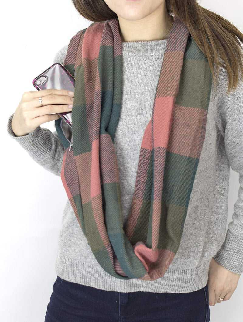 stylesilove Winter Plaid Infinity Scarf with Hidden Zipper Pocket Fashion Travel Scarf for Women and Men