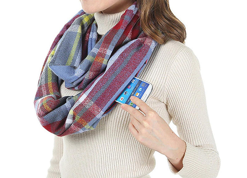 stylesilove Winter Plaid Infinity Scarf with Hidden Zipper Pocket Fashion Travel Scarf for Women and Men